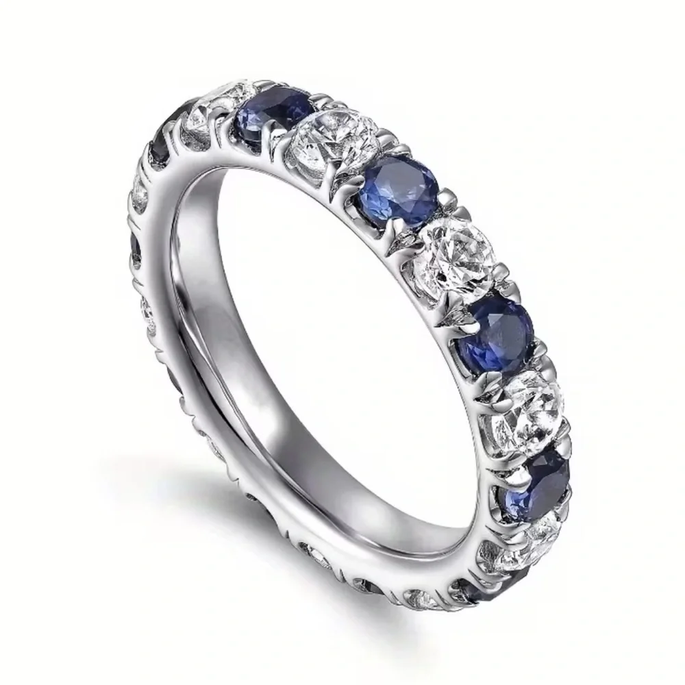 Silver White and Blue Sapphire Moissanite Gemstone Band Ring - Size 7